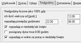 Konfiguracja - Godziny nadliczbowe