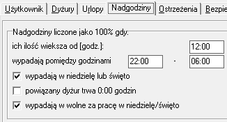 Konfiguracja - szeregowanie godzin nadliczbowych
