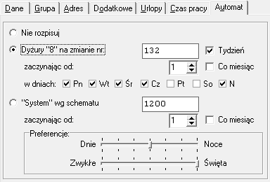 Automatyczne rozpisywanie dyżurów - ustawienia pracownika